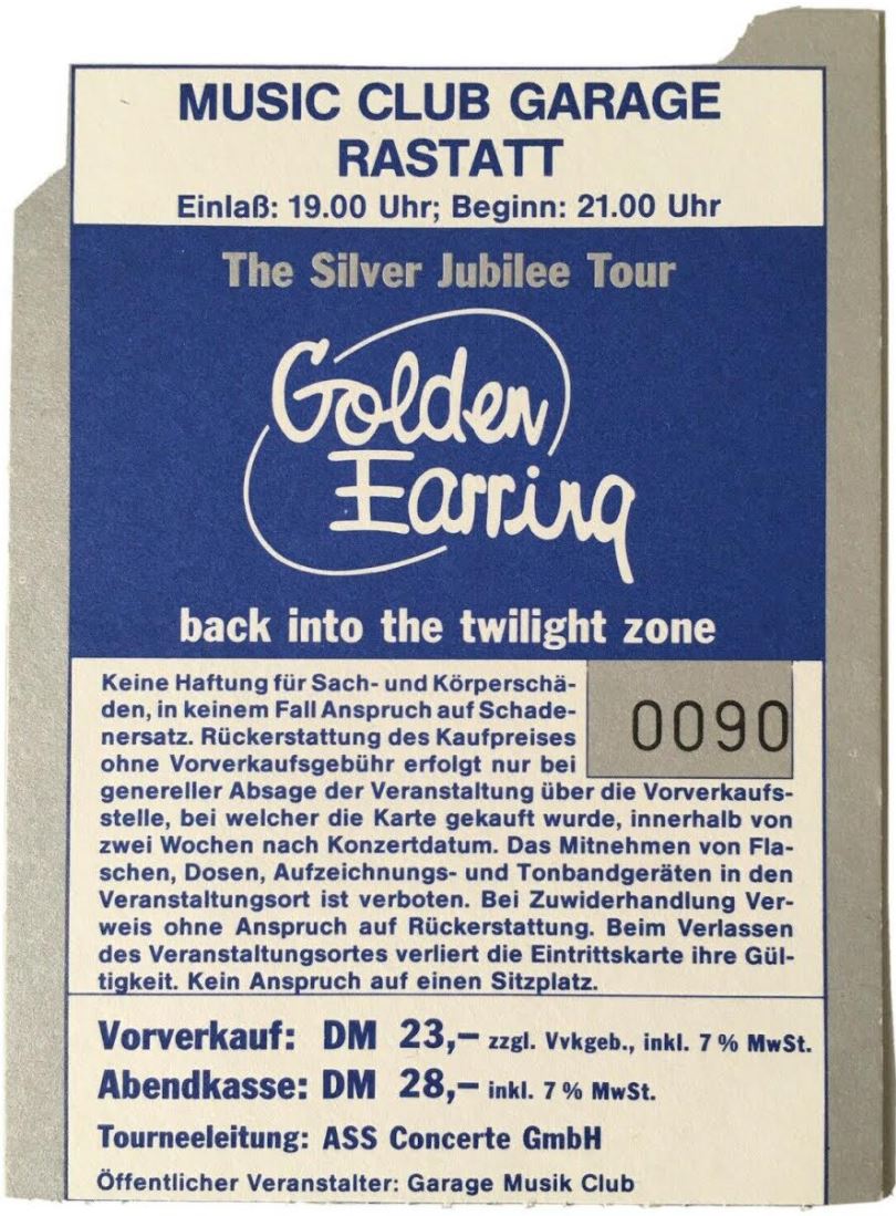 Golden Earring concert ticket#0090 December 06, 1988 Rastatt (Germany) - Music Club Garage